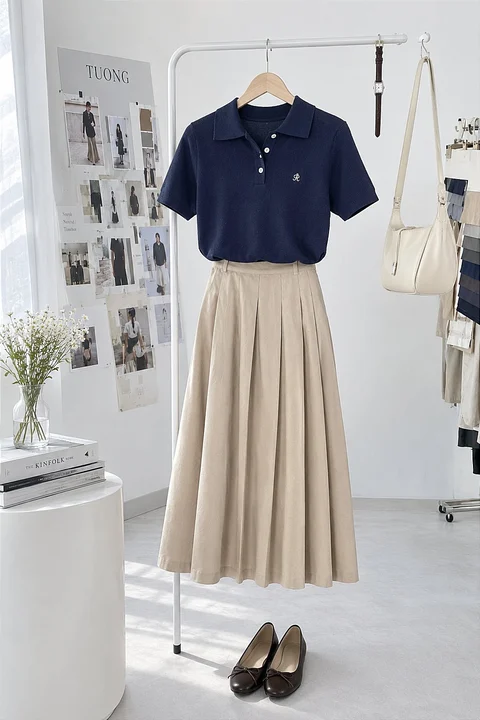 A navy short-sleeved polo and long beige pleated skirt hang together above black shoes in a bright fashion display.