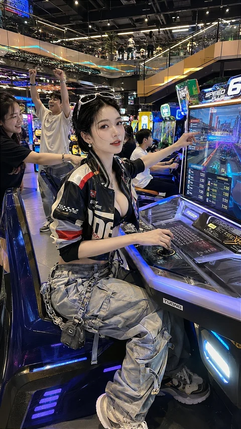 A woman in patterned streetwear sits beside glowing arcade machines in a busy gaming hall.