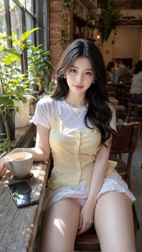 A woman in a white top and pale corset-style layer sits beside a cup at a leafy cafe.