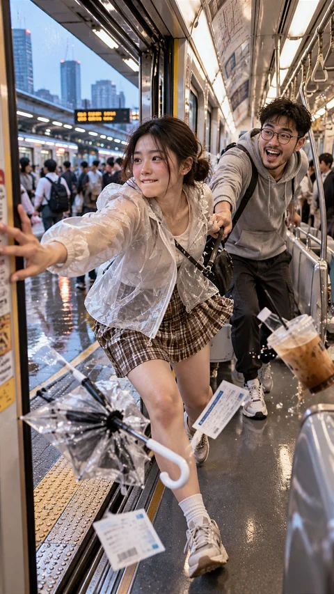 Two people move through a crowded terminal beside luggage carts, shopping bags and scattered papers.