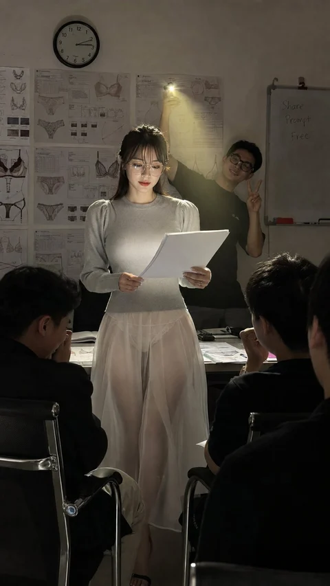 A person holding a sheet of paper stands before seated people in a room with wall charts and a clock.