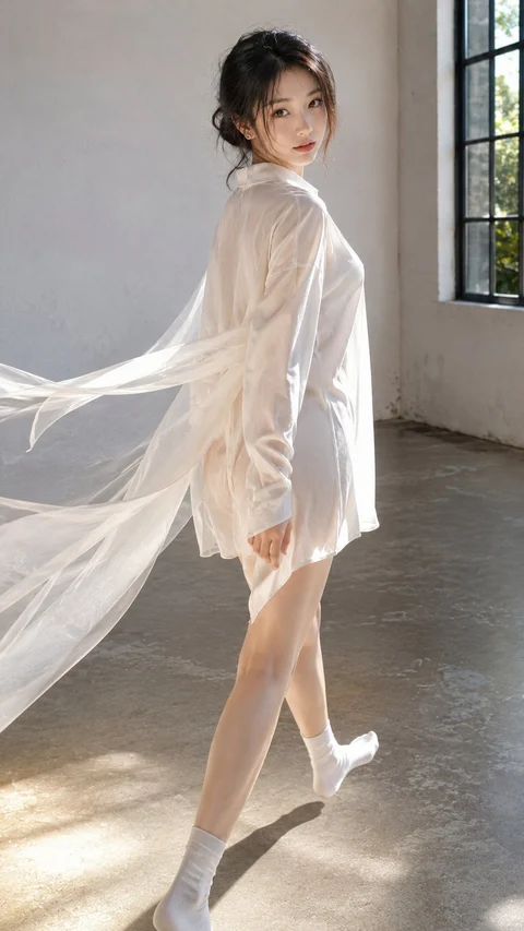 A woman turns in a loose white shirt with flowing fabric beside a window in a nearly empty room.