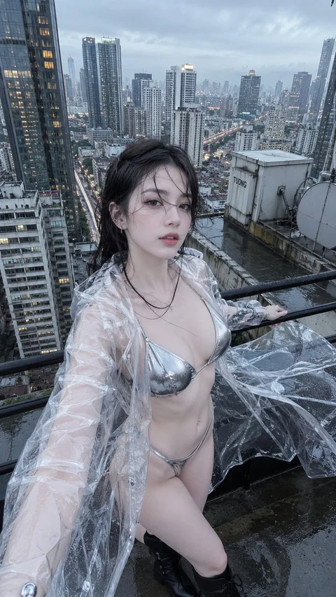 A woman in a reflective silver outfit and sheer jacket stands on a rooftop overlooking dense city buildings.