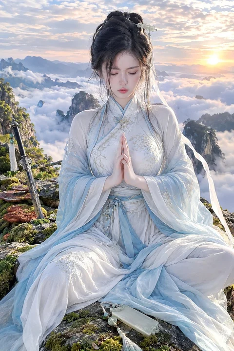 A figure in flowing pale robes sits with palms together on a rocky peak above a sea of clouds at sunrise.