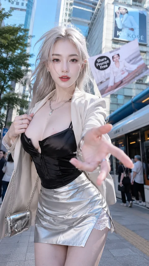 A blonde woman in a black top, pale jacket and silver skirt reaches toward the camera on a city street.
