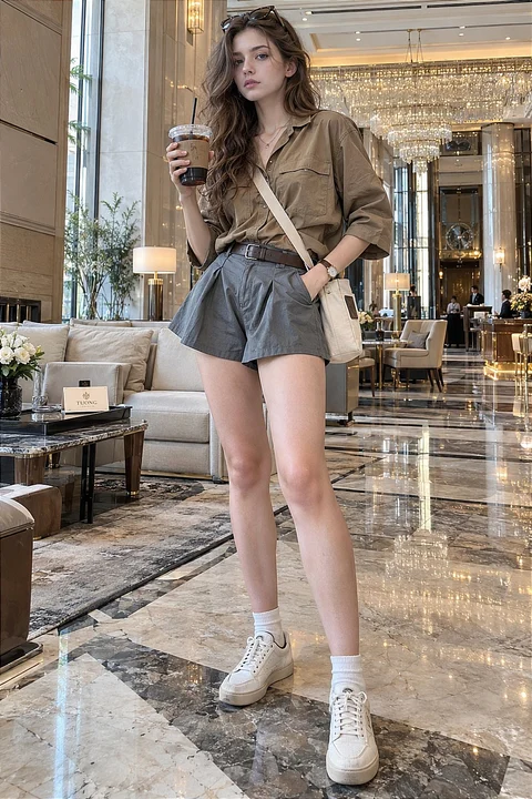 A woman wearing a khaki shirt, gray shorts and white boots holds a drink in an ornate lobby.
