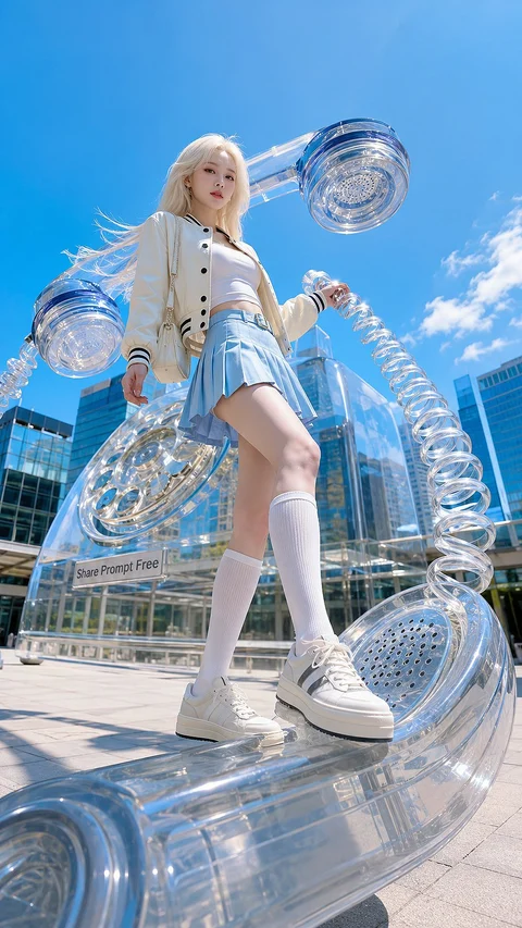 Against a blue sky, a blonde figure in blue-and-white streetwear stands on an enormous transparent telephone.