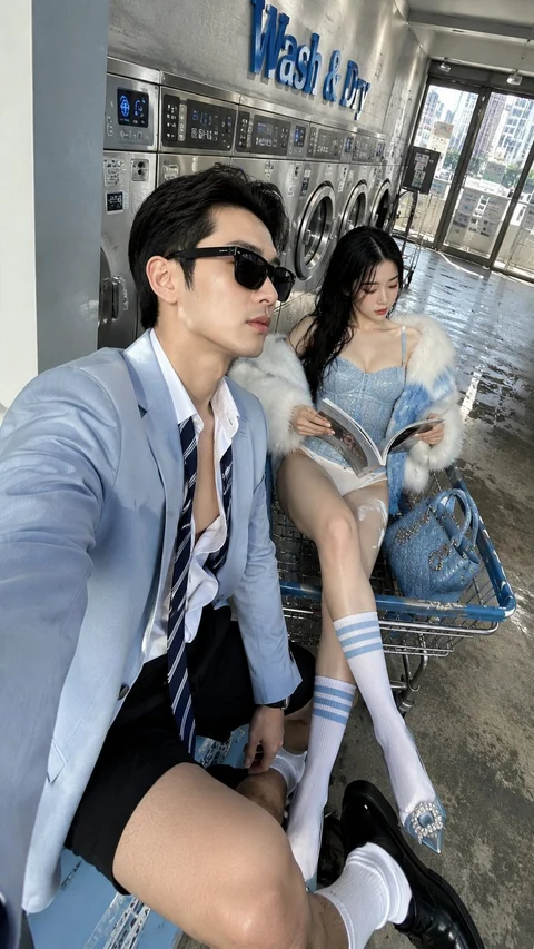 Two people in pale blue jackets sit beside washing machines, with the nearer person wearing dark sunglasses.