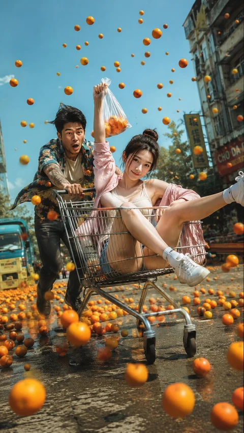 Two people balance around a shopping cart amid oranges suspended across a sunny urban street.