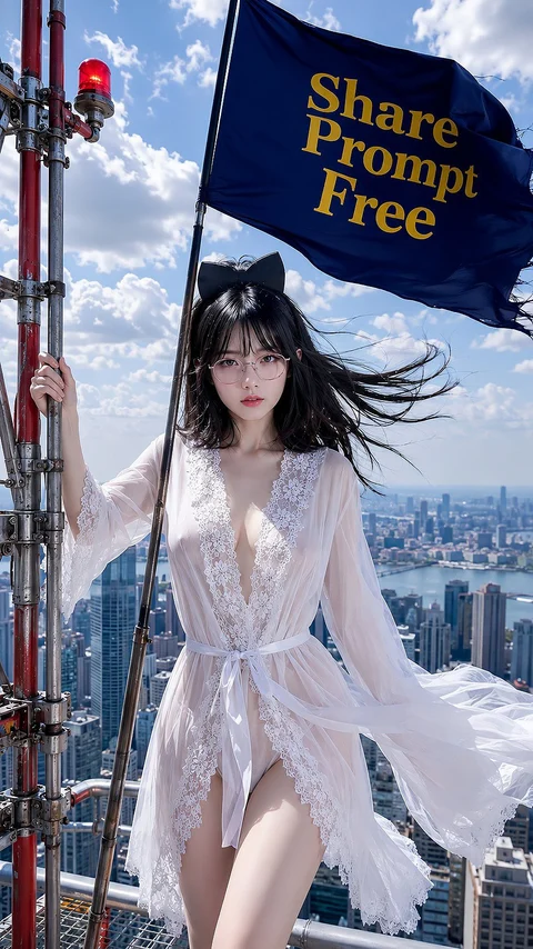 A woman in a flowing white outfit holds a dark blue flag high above a dense city skyline.