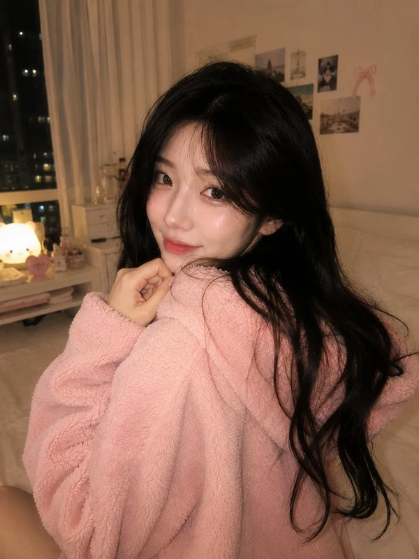 Woman in an oversized pink fleece in a softly lit room