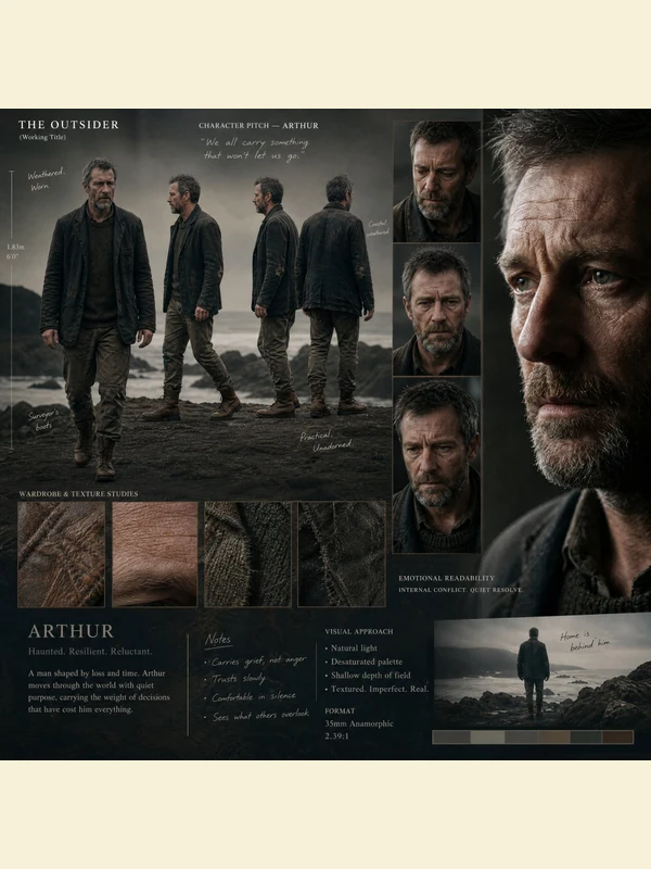 Cinematic adult male character and wardrobe design board
