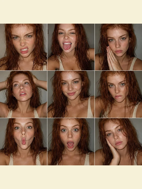 Nine-frame red-haired adult portrait expression study