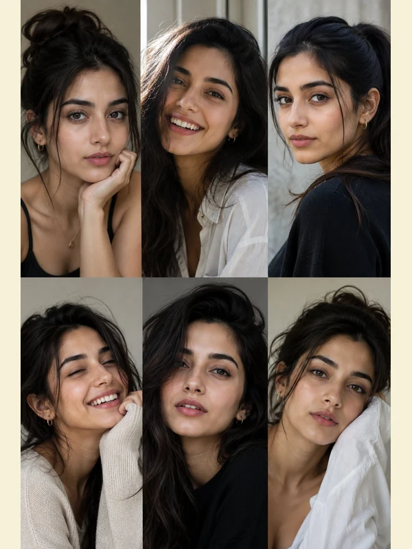 Six-frame natural portrait study with varied expressions
