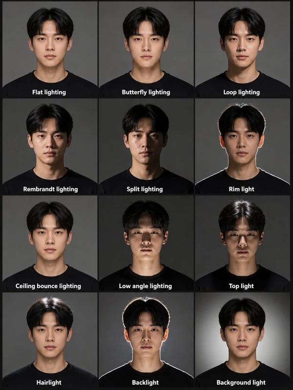 Twelve-panel adult male portrait lighting reference chart