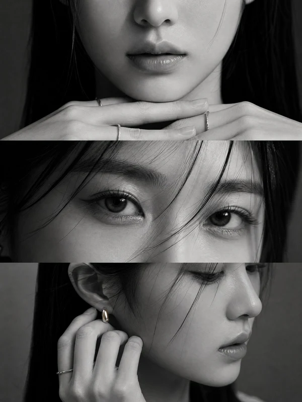 Three-panel monochrome editorial portrait detail study