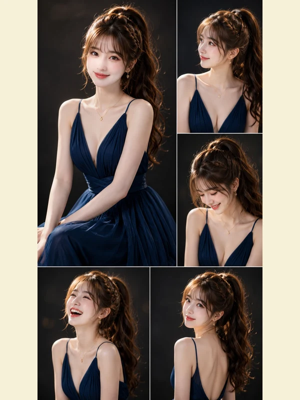 Five-pose woman portrait study in a navy evening dress
