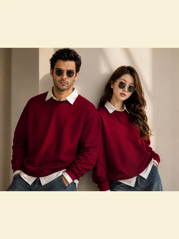 Adult couple wearing matching burgundy sweaters and sunglasses