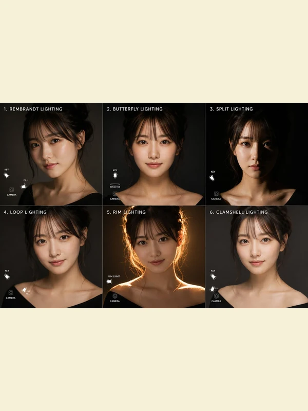 Six-panel adult woman portrait lighting comparison